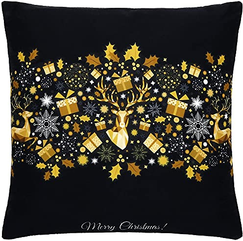 SPRINGOS Kissenbezug, Zierkissen, schwarz, Goldprägung, Hirsch/Rentier, Ausmaß: 40 x 40 cm, Polster, Frohe Weihnachten, Dekorative Kissenhülle, Winter, Muster (Hirsch/Rentier)