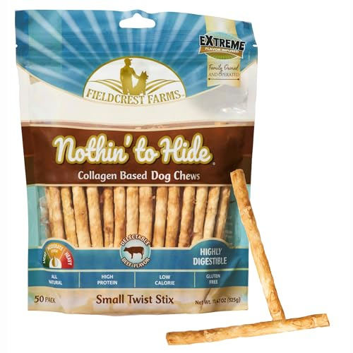 Fieldcrest Farms Nothin' to Hide Twist Stix, Beef Flavor, Easily Digestible, Supports Skin, Coat, Joints & Muscles, for Moderate Chewers Under 15lbs, 50 Pieces