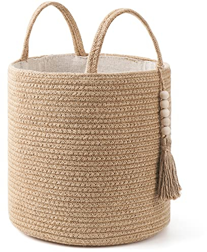 Mkono Gewebter Aufbewahrungskorb, dekorativer natürlicher Seilkorb, Holzperlen, Dekoration für Decken, Spielzeug, Kleidung, Schuhe, Pflanzen-Organizer, Mülleimer mit Griffen, Wohnzimmer, Heim