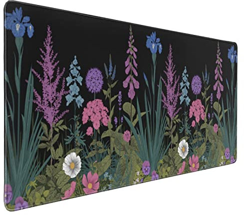 Tapis de souris vintage à motif floral de 90 x 40 cm, XXL, motif aquarelle, fond noir, base en caoutchouc antidérapant avec bords cousus pour bureau de jeu