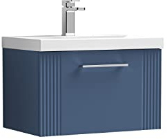 nuie DPF394D Deco Modern Bathroom Wall Hung 1 Drawer Part Fluted Vanity Basin Unit with Thin-Edge Ceramic Basin, 600mm, Satin Blue