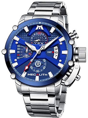 MEGALITH Herrenuhr 45mm Großes Ziffernblatt, Herren Chronographen Quarz Uhr Wasserdicht Edelstahl Armbanduhr Herren Analog Leuchtend Kalender, Geschenk für Männer - Silber Blau