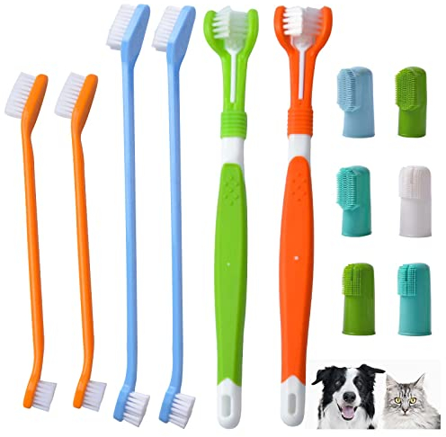 12 Pack Pet Dog Toothbrush, KissDate 2 Triple Head Pet Toothbrushes 4 Double Head Toothbrush 6 Pack Finger Rubber Toothbrushes Multi-Angle Dental Cleaning Brushes for Dog Cat pet Tooth Dental Health