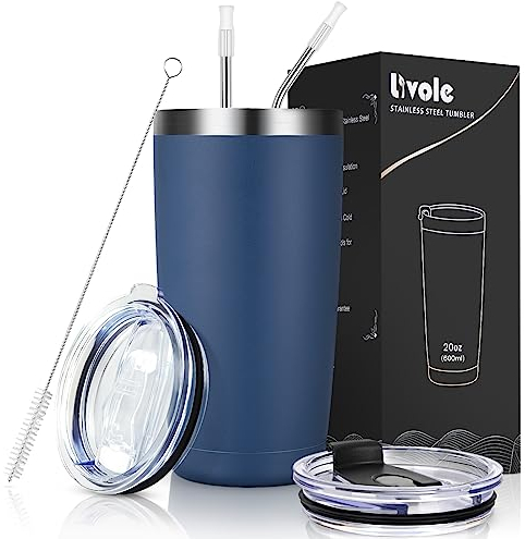 Livole Thermobecher 20oz 600ml für Männer, Frauen, Autobecher, Kaffeebecher to go, Edelstahl Becher mit Strohhalm und Deckel, Doppelwandig Vakuum Trinkbecher, Camping Becher für Kaffee, Navy Blau