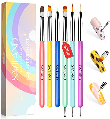SAVILAND 6PCS Nail Art Brushes Set - Multifunctional Brushes for Design, Extension, Liner - 3 Sizes Dotting Tools for DIY