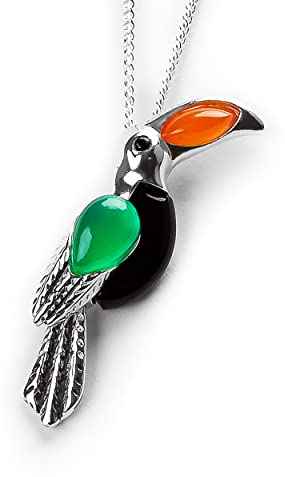 HENRYKA Toucan Necklace in 925 Sterling Silver, Carnelian and Onyx, Bird Pendant,Toucan Gifts