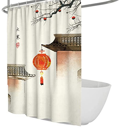 Tende da doccia in stile cinese con 12 ganci Decorazione lanterna stile hotel impermeabile pesante beige tessuto design Tende doccia 200x200cm