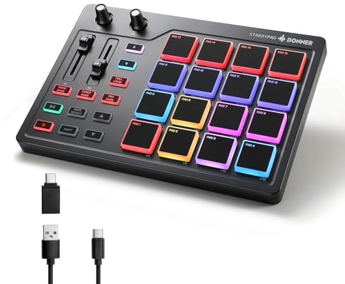 Donner STARRYPAD MIDI Pad Beat Maker Machine Professional, Drum Machine con 16 Beat Pad, 2 Fader e Manopole Assegnabili e Software di Produzione Musicale, Controller MIDI USB con 40 Corsi Gratuiti,