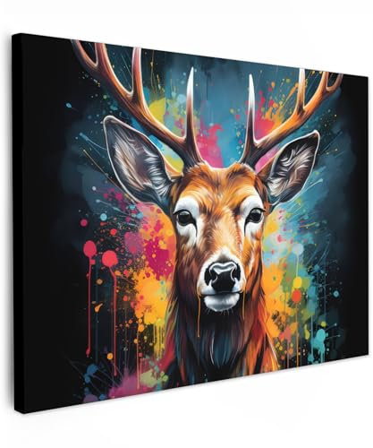 MuchoWow© Wandbilder 70x50 cm Schlafzimmer Home Deko Wohnung Bild Wohnzimmer Fotoleinwand Wand Bilder Leinwand Wall Decor Banksy - Street Pop Art - Hirsche - Graffiti - Tiere - Farben