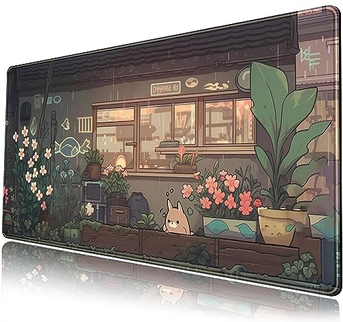 Japanische Anime-Schreibtischunterlage, Kawaii-Katze, niedliche Schreibtischunterlage, grüne Pflanzen, großes Gaming-Mauspad, XXL-Mauspad, erweitertes großes Mauspad, niedliche Tastaturmatte,