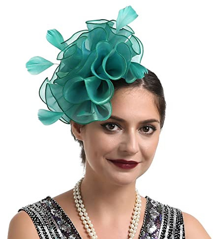 Lazzboy Hut Damen Elegant Fascinator Schwarz Kopfschmuck 20er Jahre Blume Haar Feder Clip Haarklammer Schleier Cocktail Tea Party Kopfbedeckung Stirnband Haarnadel Hochzeit (Grün)