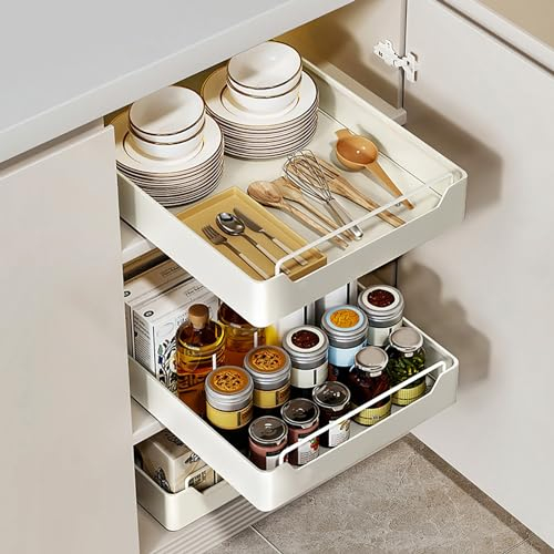 Pull Out Cabinet Organizer, Slide Out Drawer Storage Shelves for Kitchen Cupboard Cabinet, Roll-Out Sliding Drawer, No Need Drill and Nailing,Pull Out Organiser Storage Tray for Kitchen Pantry Cabine