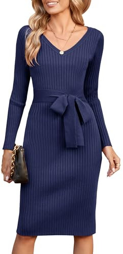 Newshows Winter Dresses for Women UK Navy Blue Long Sleeve V Neck Knitted Jumper Dress Ladies Bodycon Sweater Dress