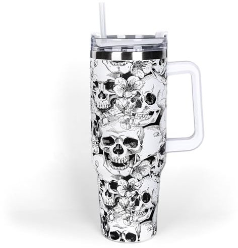 Whaline - 40 oz Halloween Skull Coffee Tumbler with Straw and Lid - Spooky Skull Design Coffee Cup with Handle for Birthday Party Gift