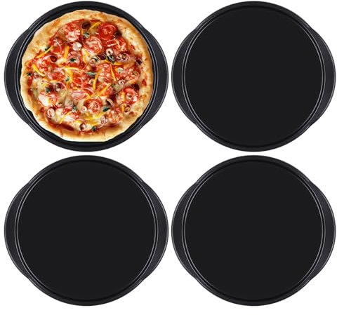 JMIATRY 4 Pcs 14 inch Pizza Trays for Oven Non Stick, Non-Stick Pizza Pan with Handles and Perforated Base, Carbon Steel Pizza Oven Trays for Baking, Black