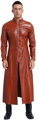 Agoky Herren Metallic Ledermantel Jacke Übergangsjacke Trenchcoat Stehkragen mit Reisverschluss Party Jacket Gothic Punk Kostüm Clubwear Braun L