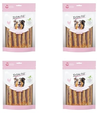 Dokas Hühnerbrust mit Leber | 4er Pack | 4 x 220 g | Snacks für Hunde | Aus Hühnerbrustfilet und Leber | Fettarmer, luftgetrockneter Hundesnack | Soja-, Gluten- & getreidefrei