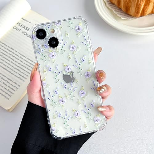 ZTOFERA Étui pour iPhone 15, Coque Transparente en TPU Souple avec Motif Fleur, Protection Ultra-Mince en Gel de Silicone Anti-Rayures pour iPhone 15 (6,1) - Violet Fleurs