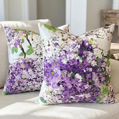 Velvet Purple Hydrangea Flower Throw Pillow Covers 18x18 Set of 2 Farmhouse Green Sage Decorative Pillow Covers for Outdoor，floral Vintage Rectangle Throw Pillow Cover for Couch Bed Sofa Cushion Patio