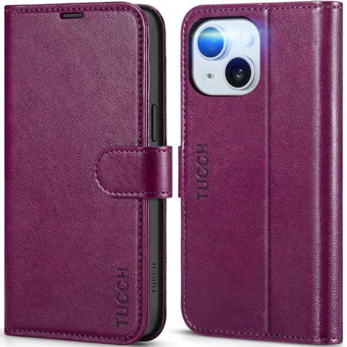 TUCCH Custodia per iPhone 15 5G, Cover Pelle Sintetica TPU Antiurto [Blocco RFID] Portafoglio Slot per Schede Stand Massima Protezione Compatibile con iPhone 15 (6,1 pollici, 2023) - Viola Prugna