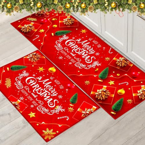 PORJDN Weihnachtsteppich Set Weihnachten Innenboden Roter Teppich, Xmas Türmatte Läufer Teppichmatte für Küche Heimdekor Waschbare Läufer. (Style B, 43x150+43x75cm)