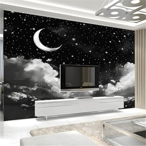 3D Printed Wallpaper Black and White Night Sky Crescent Moon Non-Woven Mural 350 x 256 cm Modern Photo Wallpaper Black and White Living Room Fashion Home Decor Wall Mural