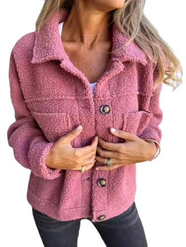 Veste Courte à Revers Chaude pour Femme, Veste Décontractée à Manches Longues en Polaire Sherpa Boutonnée Et Duveteuse, Manteau à Revers Cranté avec Poches (Rose,S)