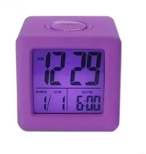 Weicher quadratischer LCD-Digitalwecker, mit Silikon-Schutzhülle, Schlummerfunktion, Datumsanzeige, Hintergrundbeleuchtung für Kinderzimmer (lila)