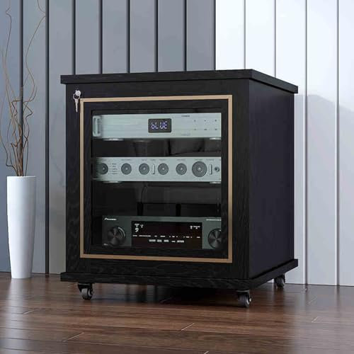 Solid Wood Media Storage Cabinet with Glass Doors and Lockable Wheels 860mm High Amplifier Stand with Record Player Display Shelf for Vinyl Record Storage (Black 57x60x68cm)