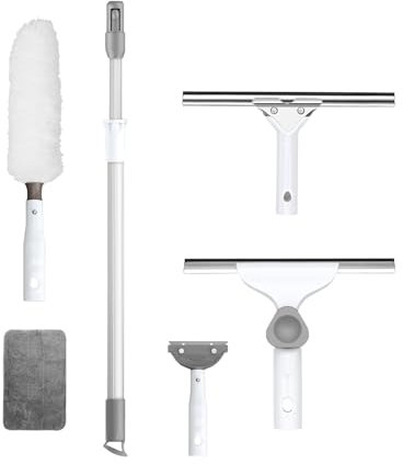 Teleskop Reinigungs-Set mit Aluminium Teleskopstange,gummiabzieher 35cm,Staubwedel 55cm,Einwaschhalter zur Reinigung von Wintergarten Fenster (120cm)