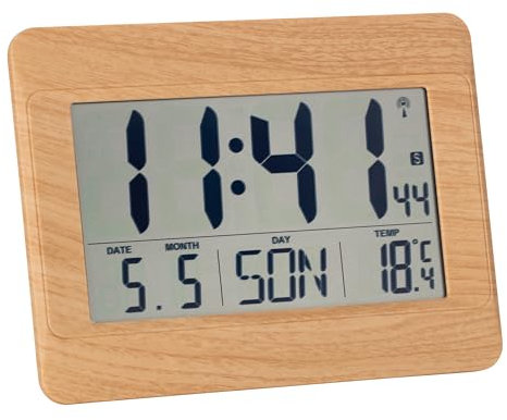 TFA Dostmann 60.4519 Horloge murale numérique radio-pilotée avec température intérieure, jour de la semaine (8 langues), date, réglage du fuseau horaire, plastique, (L) 215 x (l) 160 x (H) 26 (68) mm