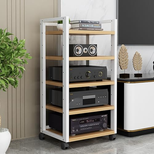 Stereo Stand Modern With Wheels, Stereo Audio Rack Stand Tower, AV Media Stand Audio Rack Tower, For Record Player Wooden Stereo Cabinet Audio Rack Tower, For Living Gaming Recording Room(White+yellow