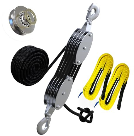 YATOINTO Rope Hoist Pulley System with Metal Bearing, 4400LB Pulley Block and Tackle, 8:1 Lifting Power 65ft, Heavy Duty Pulley Block for Hunting Lifting Garage Warehouses Building (with 2PCs Straps)