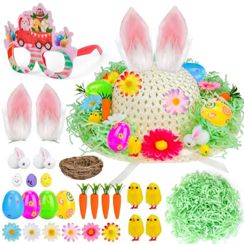 SelfTek Easter Bonnet Kit, Easter Bonnet Hat Making Kit with Straw Hat, Bunny Ears, Glasses, and Many Easter Bonnet Decorations, Make Your Own Easter Bonnet Easter Crafts Kit for Kids