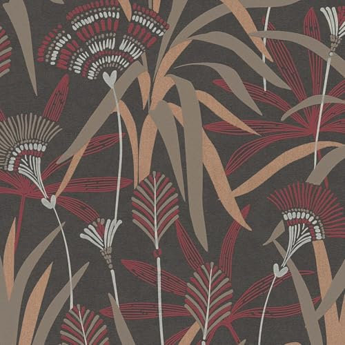 Flowers wallcovering Wall Profhome 399364-GU Non-Woven Wallpaper Slightly Textured with Reed Leaves and Metallic Highlights Black red White Beige 5.33 m2