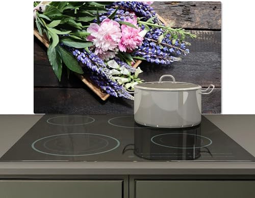 KitchenYeah© Spritzschutz Küchenrückwand Vinyl 91x52 cm Küche Deko Wandschutz Wandverkleidung, Herdabdeckplatte Blumen - Vintage - Holz
