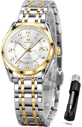 OLEVS Womens Watches Classic Two Tone Business Analog Watch Ladies Waterproof Stainless Steel White Fashion Watch for Woman with Date