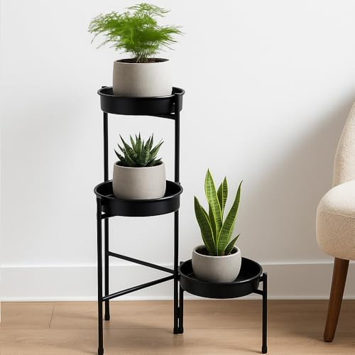 Jack Stonehouse 3 TIER PLANT POT Flowerpot Stand | 61cm Stacked Black Iron Weatherproof Planter Shelves | for Porch Patio Balcony Living Room Conservatory Flowers | Folding Three Shelf