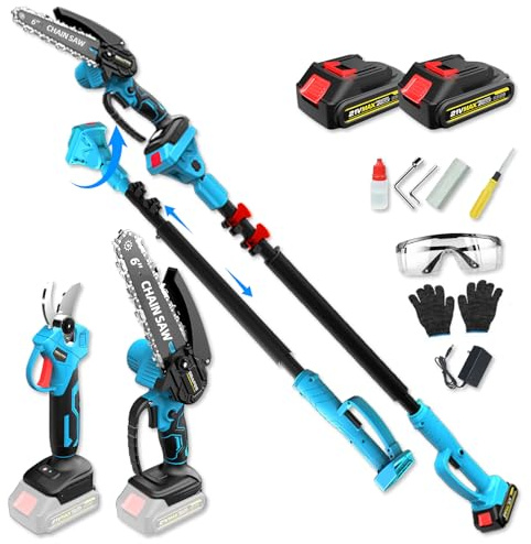4 in 1 Potatore a batteria Motosega Mini da 15 cm (6″) con asta telescopica (2,5 m) + Cesoia elettrica 35 mm, incl. 2 batterie 21V – perfetto per la cura degli alberi e il taglio dei rami