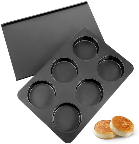 6-Cup Jumbo English Muffin Pan with Lid, Straight Side Nonstick Baking Tin for Burgers, Frittatas, Cinnamon Rolls & More (Black)