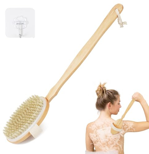 AOOSU Badborste med långt handtag, ryggborste med avtagbart långt handtag, naturliga borstar, exfolierande borstar för att ta bort död hud, ryggskrubbare för torr våt dusch för kroppsrengöring, ellips