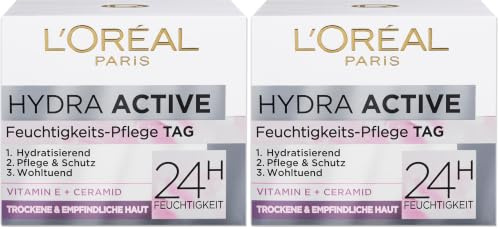 L'Oréal Paris Feuchtigkeitspflege für das Gesicht, Gesichtscreme für sensible Haut, Hydratisierende Tagescreme mit Glycerin und antioxidativem Vitamin E, Hydra Active 3 sensible Haut, 1 x 50 ml