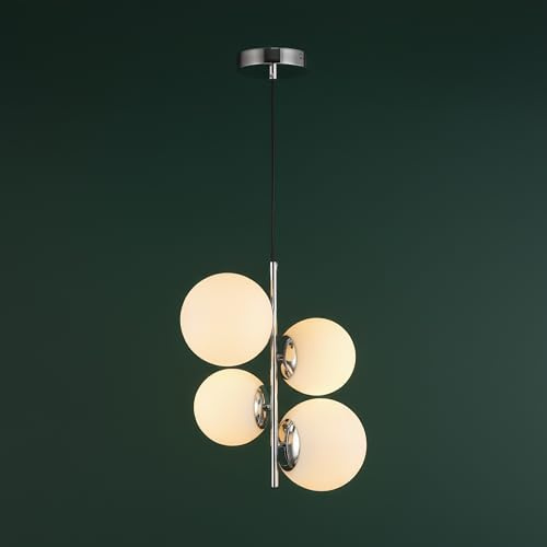 BARCELONA LED Pendelleuchte TANNA 4xE27 Chrom Ø15cm | Aluminium Und Opalglas, Kabel 97cm Höhenverstellbar, Max. 40W Je Leuchtmittel, Wohnzimmer, Esszimmer, Innenbereich