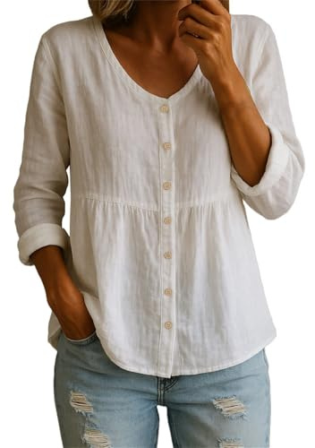Linen Shirt Women Short Sleeve Linen Tops for Women Cotton Shirt Tops Casual Crew Neck Long Sleeve Button Down Tee Blouses Summer Cotton Blouses Boho Long t Cheesecloth White