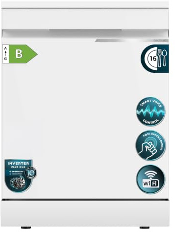Cecotec Geschirrspüler Bolero Aguazero 7000 Matt White Glass Connected. Klasse B, 16 Maßgedecke, 60 cm, Inverter Plus Duo, Weißes Mattglas, Sprachsteuerung, WLAN, Auto Open Trocknung