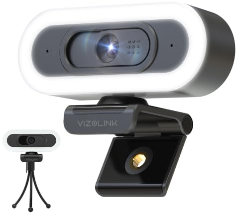 VIZOLINK W8LS Webcam 4K 30FPS con Micrófono Anti-Ruido, Luz de Anillo LED, Autofoco, Corrección de Luz, 78°Gran Angular, Tapa Privacidad, Plug & Play, Trípode - comptible Zoom, Teams, OBS y Switch 2