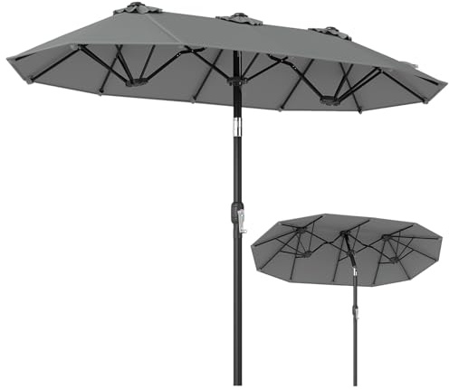 COSTWAY Sombrilla Doble Terraza Exterior, Parasol Rectangular con 108 Luces LED, Manivela y 12 Varillas, Sombrilla Playa Grande para Jardín Piscina Patio (gray, 400 x 200 cm (con LED))