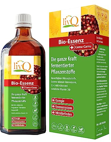 livQ Bio-Essenz Camu-Camu - Fermentiertes Naturkonzentrat, Antioxidantien durch Camu-Camu und Acerola, Vitamin C für das Immunsystem, Fruchtig-herb mit 31 Zutaten, Glutenfrei, 250ml für 1 Monat