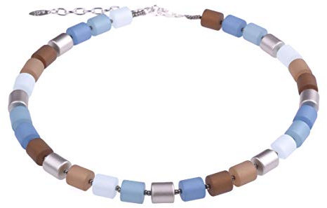 Adi-Modeschmuck Damenkette “Bärbel” aus Polaris- und lackierten Acrylzylindern, blau/braun Mix mit silbernen Akzenten. Handgefertigt in Berlin.