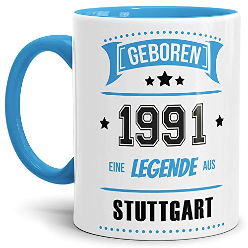 Tassendruck Geburtstags-Tasse Geboren 1991 Eine Legende aus Stuttgart Innen & Henkel Hellblau/Geschenk/mit Spruch/Mug/Cup/Becher/Qualität Made in Germany